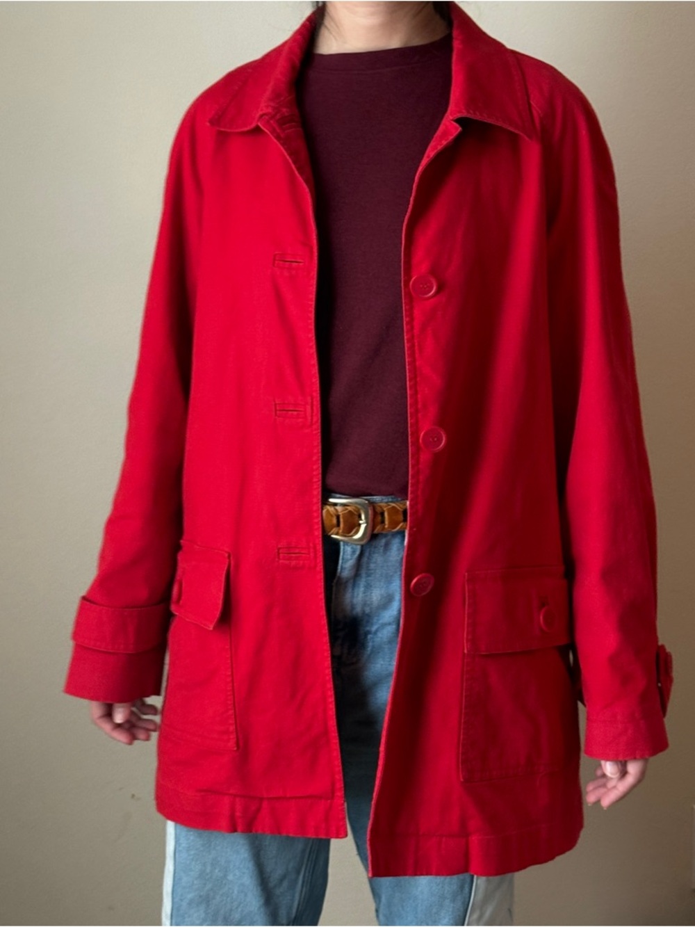 Liz Claiborne Bright Red Trench Coat with Oversized Pockets
